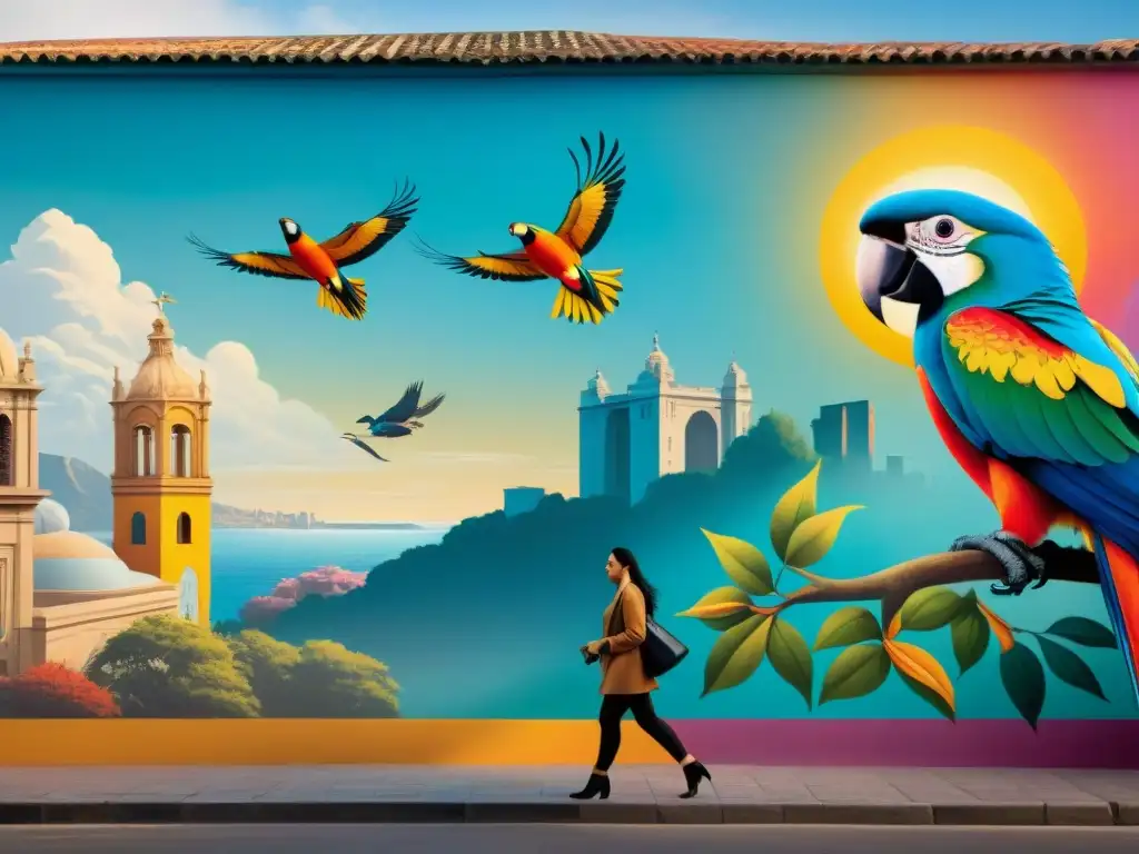 Un vibrante mural en Montevideo, Uruguay, con aves nativas y símbolos de la cultura uruguaya