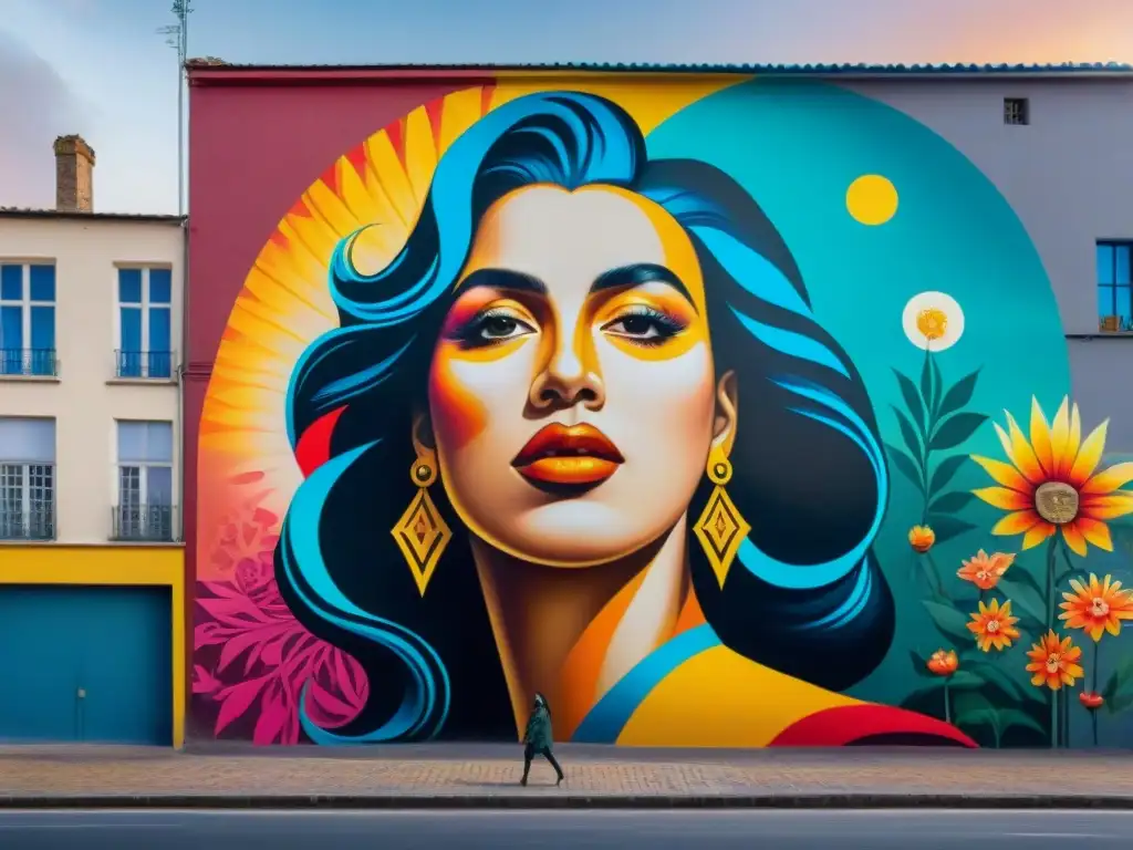 Un vibrante mural callejero en Uruguay, artistas femeninas de street art creando juntas con pasión, empoderamiento y unidad