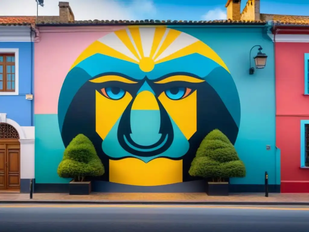 Vibrante mural callejero en Uruguay con elementos culturales locales, colores audaces y diseños intrincados