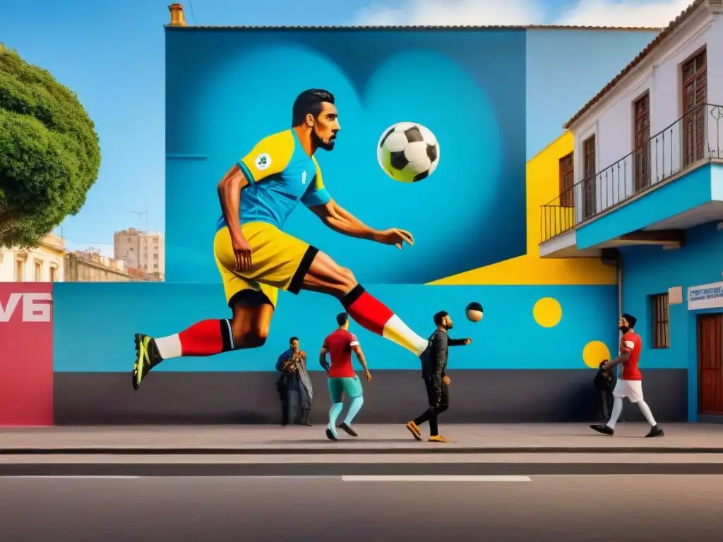 Vibrante mural callejero en Montevideo, Uruguay, retratando un emocionante partido de fútbol