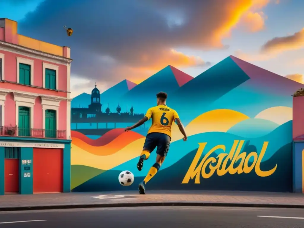 Un vibrante mural callejero en Montevideo, Uruguay, retrata niños jugando fútbol en una escena dinámica