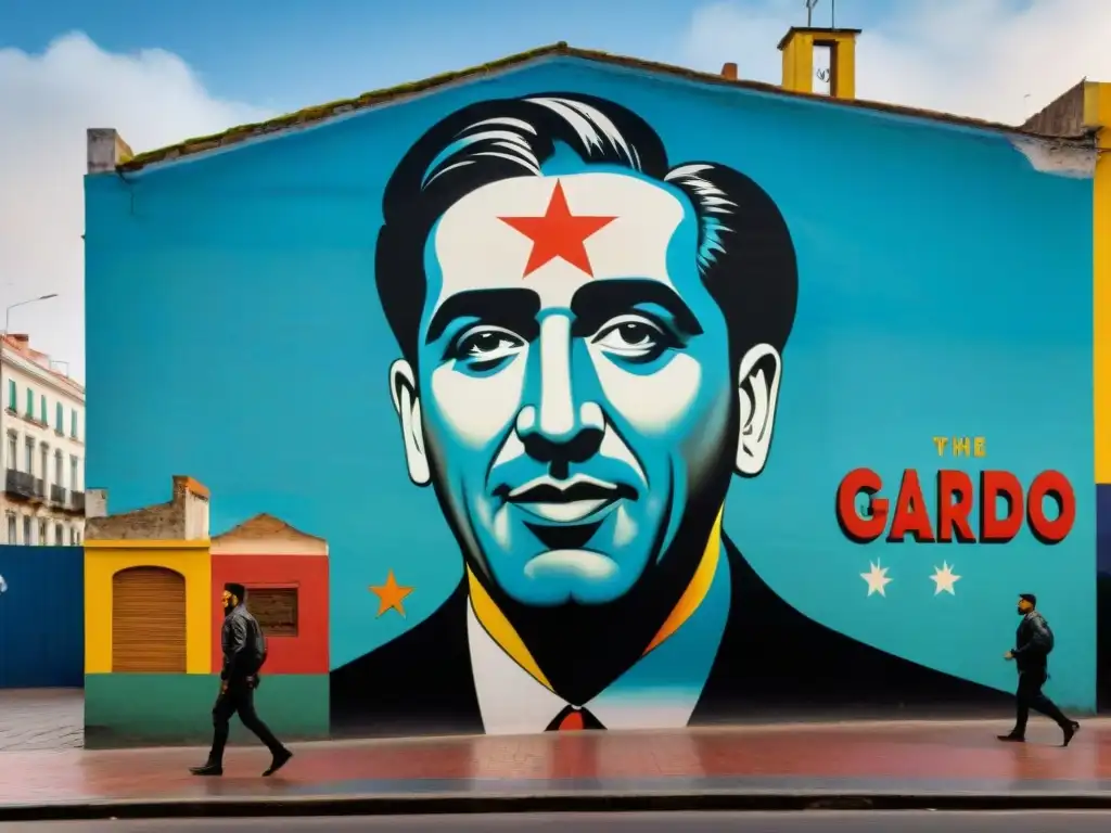 Un vibrante mural callejero en Montevideo, Uruguay, con personajes icónicos como Carlos Gardel, Diego Forlán y José Artigas