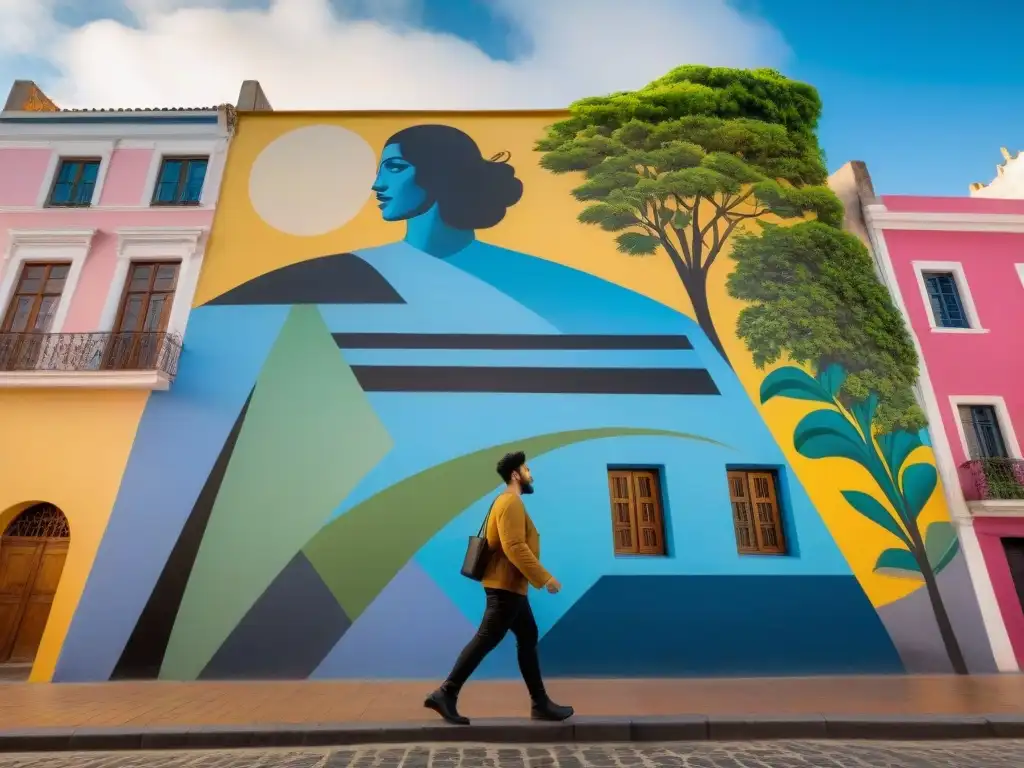 Un vibrante mural en el corazón de Montevideo, Uruguay, fusionando motivos tradicionales con un toque urbano contemporáneo