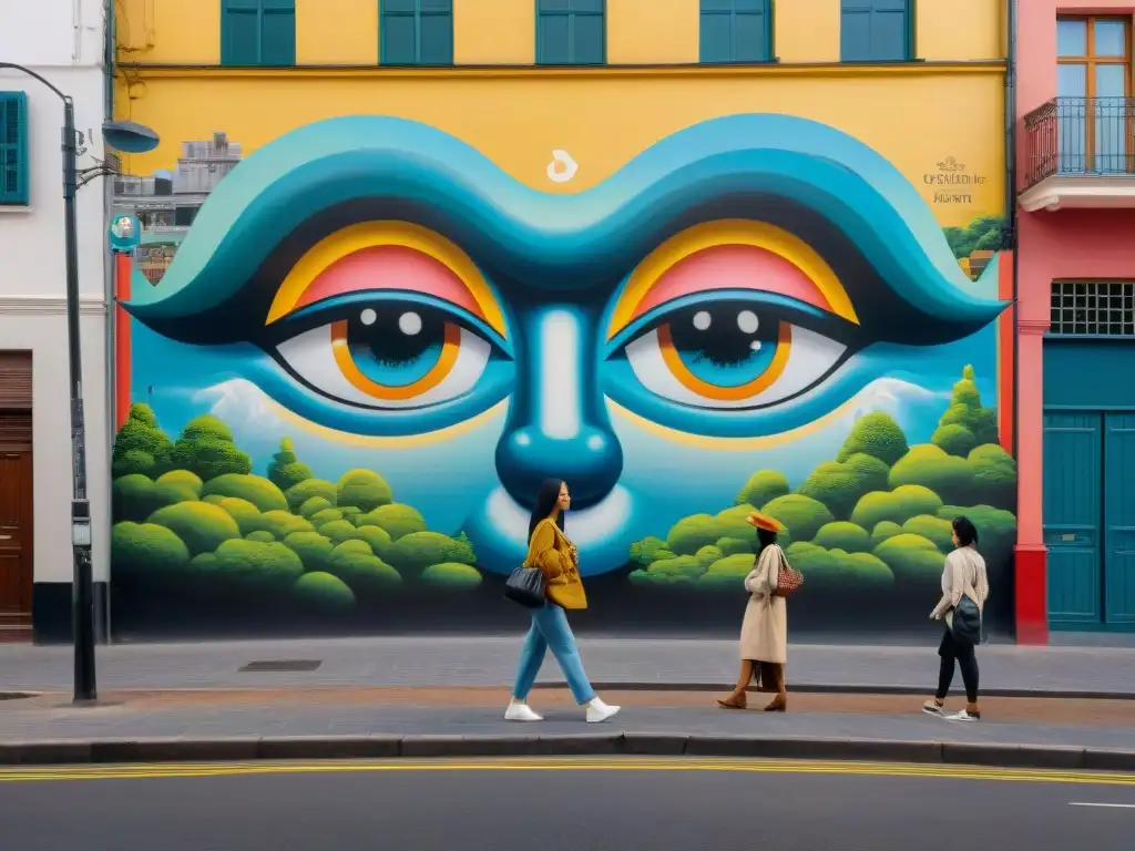 Un vibrante mural de graffiti en Montevideo, con criatura mítica entre elementos urbanos y naturales, atrayendo a aventureros grafiteros