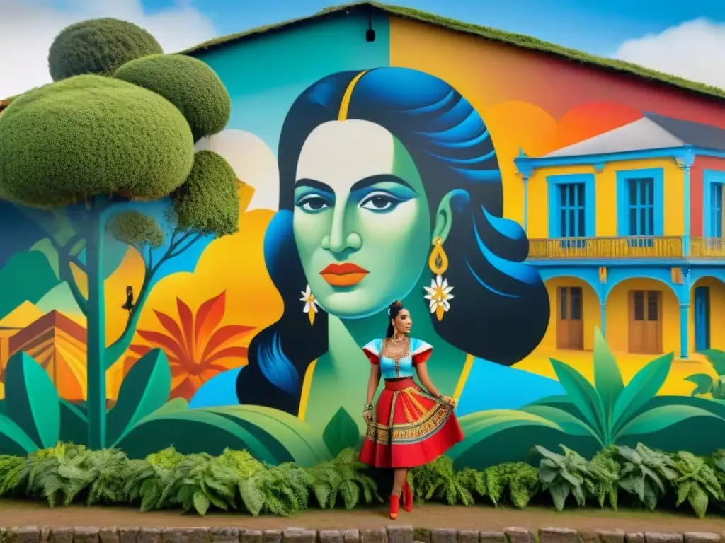 Un vibrante mural cultural de Uruguay con bailarines y músicos tradicionales, figuras históricas y arquitectura colonial