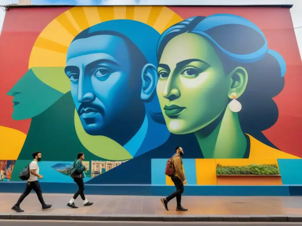 Un vibrante mural cultural en Montevideo, Uruguay, con escenas históricas y niños jugando