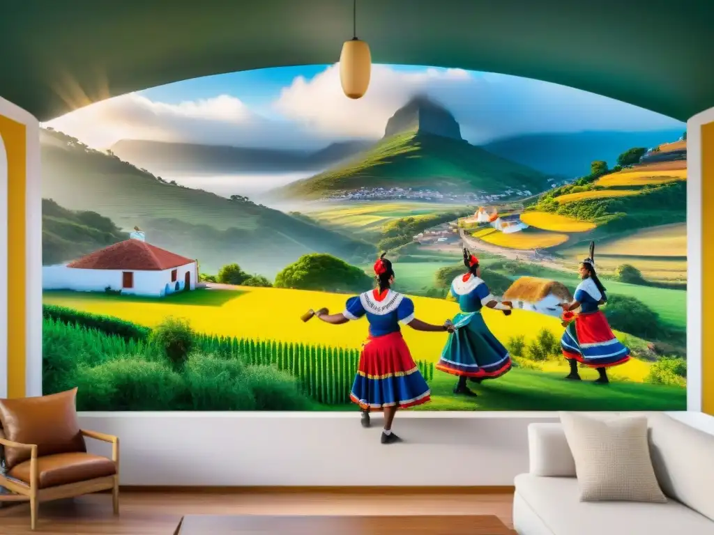 Vibrante mural de danzas folclóricas uruguayas en paisaje rural