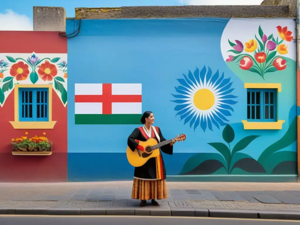 Un vibrante mural de diversidad cultural en Uruguay, con personas de distintas culturas y símbolos de unidad