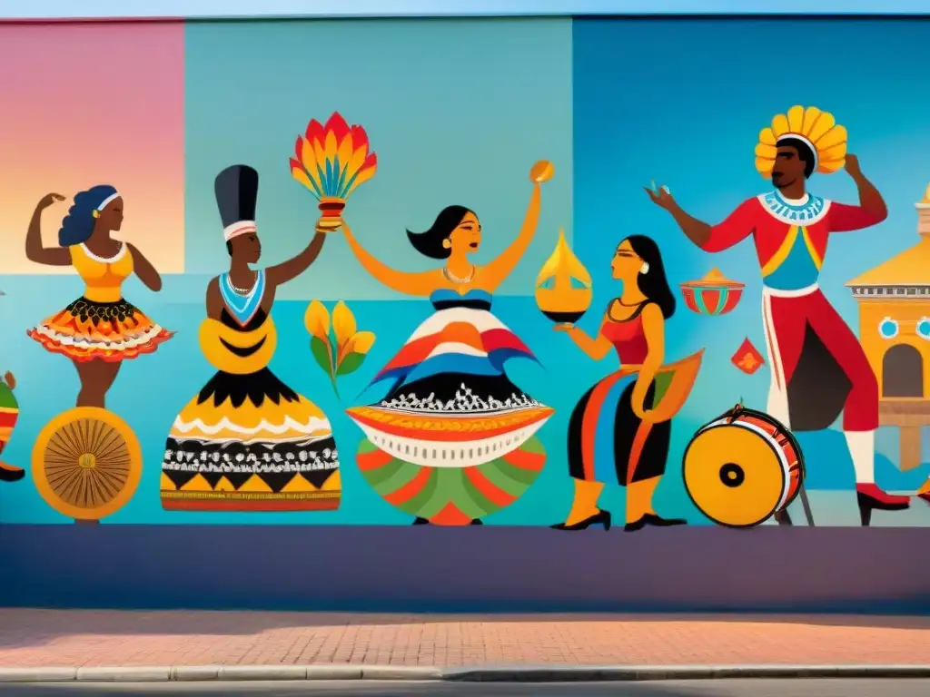 Vibrante mural que representa la diversidad cultural de Uruguay con bailes tradicionales, folklore, símbolos indígenas y elementos urbanos