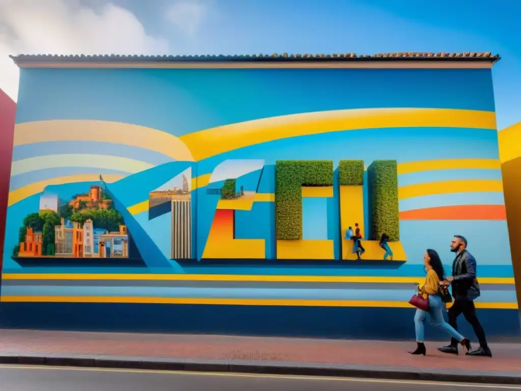 Un vibrante mural en Montevideo, Uruguay capturando la esencia de la cultura local con colores brillantes y movimiento