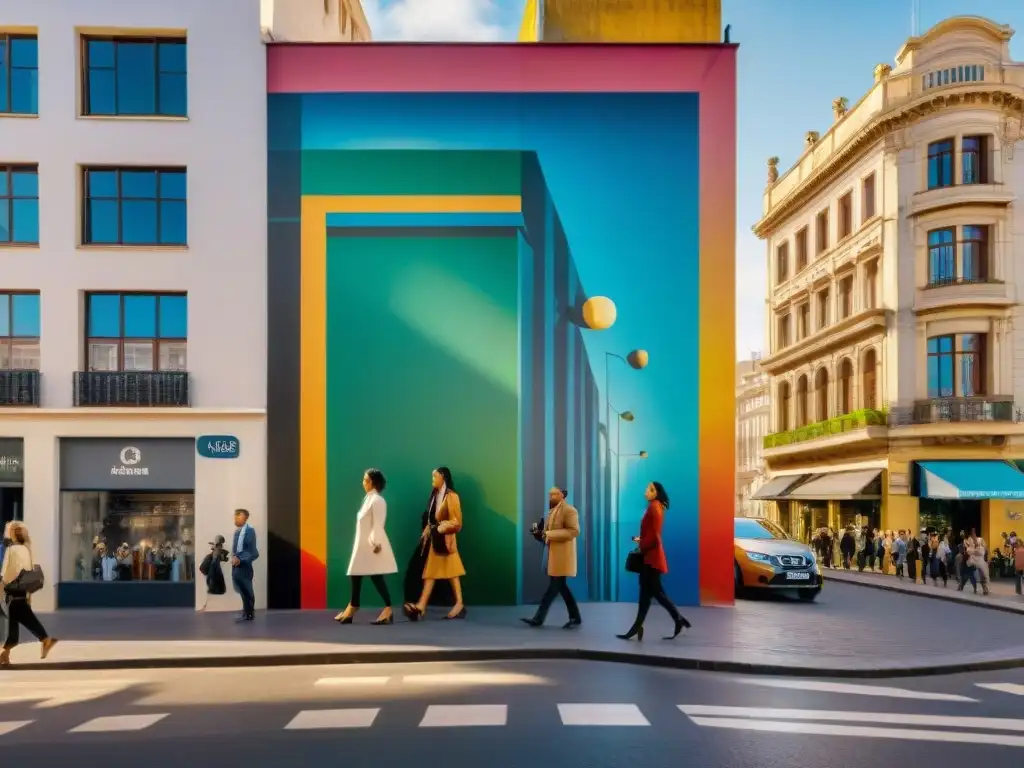 Un vibrante mural en una esquina de Montevideo, Uruguay, que muestra la historia cultural de la ciudad