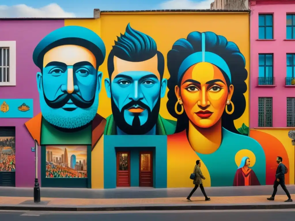 Un vibrante mural en Montevideo que fusiona figuras históricas con símbolos actuales, celebrando la rica cultura local