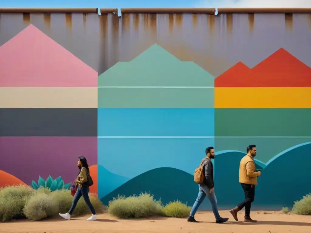 Mural fronterizo: un símbolo de unidad y diversidad cultural Un vibrante mural en la frontera captura la diversidad cultural, uniendo a residentes locales