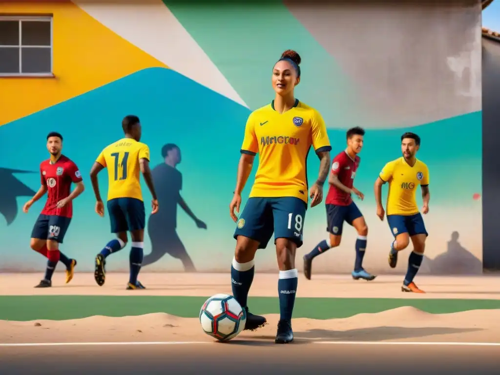 Un vibrante mural de niños jugando fútbol en un patio urbano polvoriento en Uruguay, lleno de color y energía