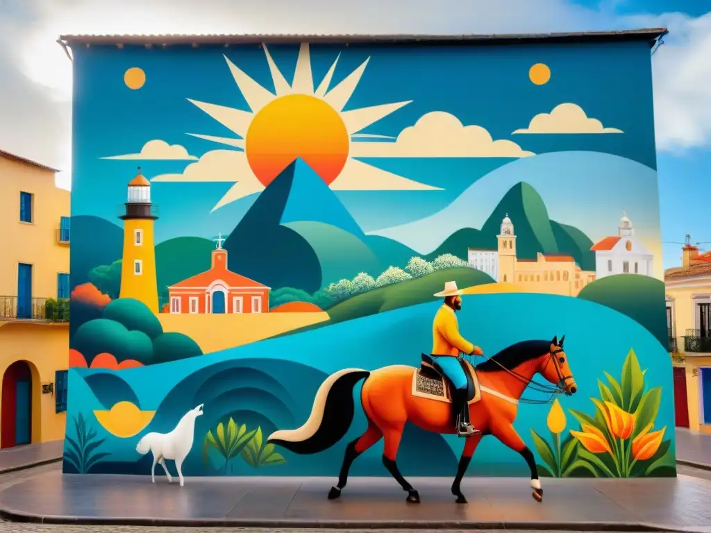 Un vibrante mural en Uruguay preserva historia y tradiciones uruguayas con símbolos como el sol de mayo, gauchos y bailarines de tango