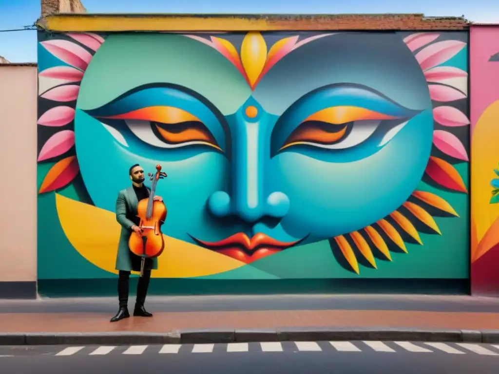 Un vibrante mural en Montevideo, Uruguay, con músicos locales y detallados patrones florales y geométricos