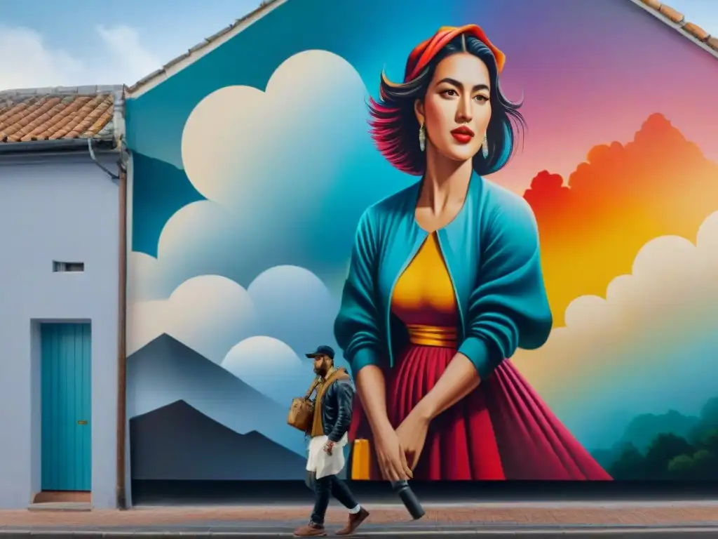 Un vibrante mural en Uruguay, reconocido internacionalmente, con detalles intrincados y colores audaces que narran la cultura local con maestría