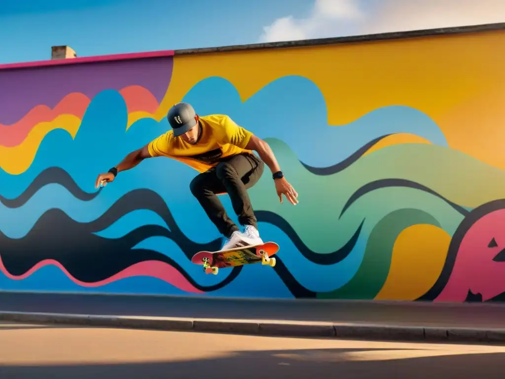 Un vibrante mural de skateboarders realizando trucos en las coloridas calles de Uruguay, reflejando el skateboarding artístico en Uruguay