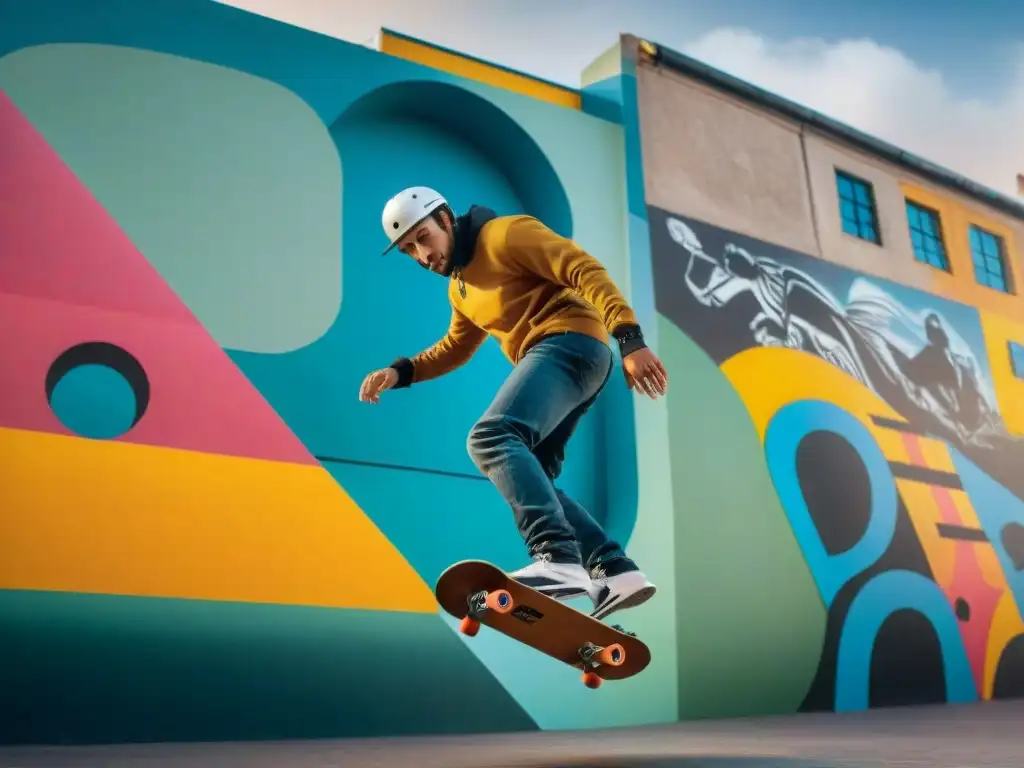 Un vibrante mural de skateboarding artístico en Uruguay, capturando la esencia de la cultura urbana en Montevideo