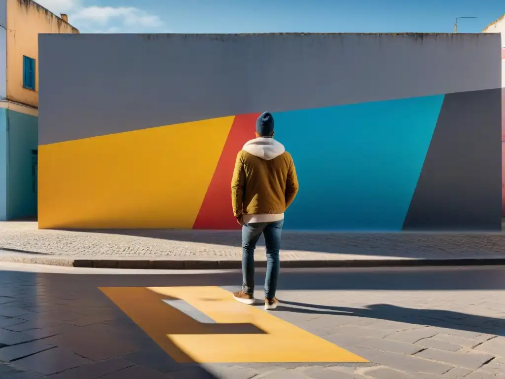 Vibrante mural en suelo urbano de Uruguay con patrones geométricos y colores llamativos