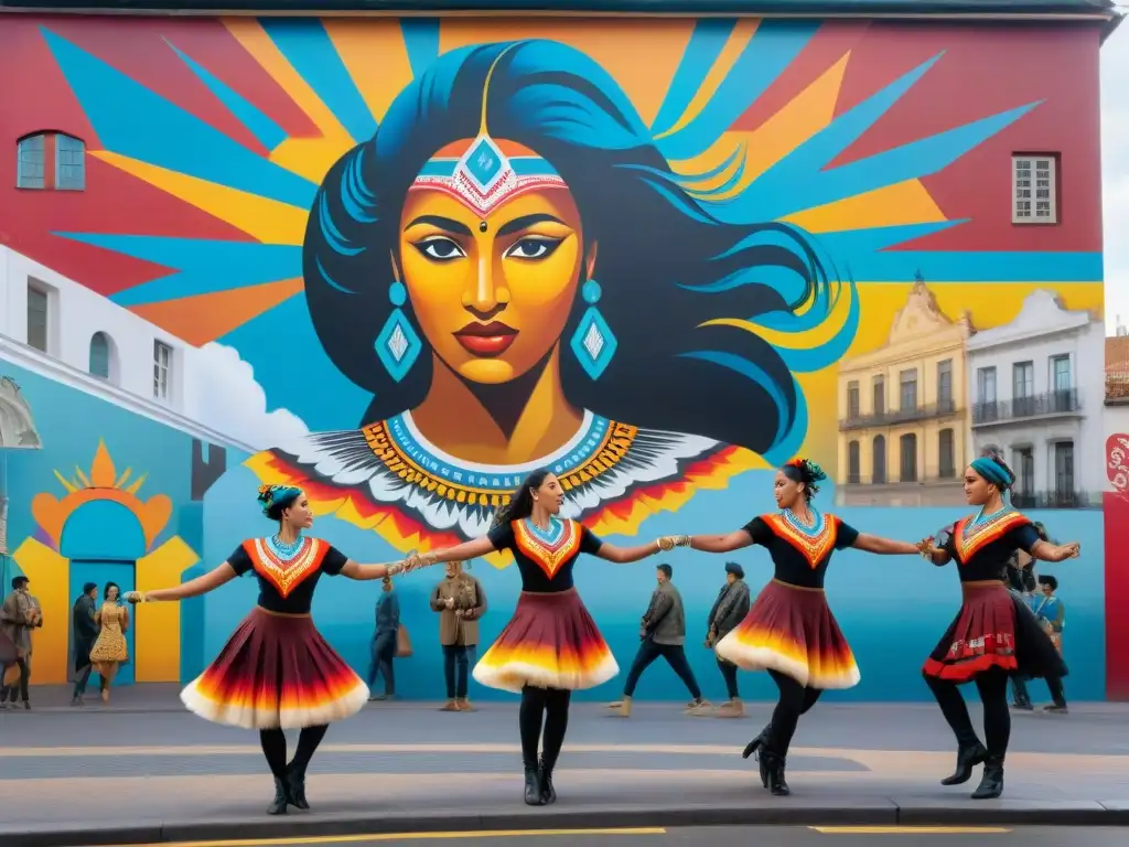 Un vibrante mural urbano en Montevideo con danzas tradicionales y arte callejero, fusionando tendencias actuales en Uruguay