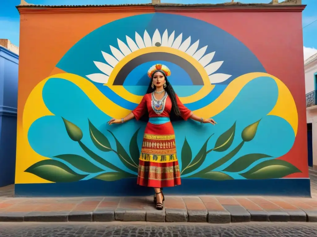 Un vibrante mural urbano en Montevideo, Uruguay, fusiona danzas tradicionales y símbolos indígenas en un estallido de color y detalles