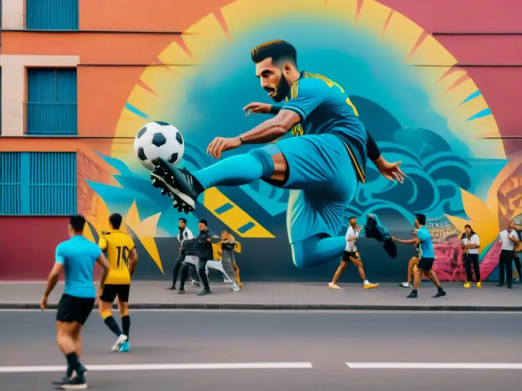 Vibrante mural urbano en Montevideo con grafitis de fútbol en Uruguay