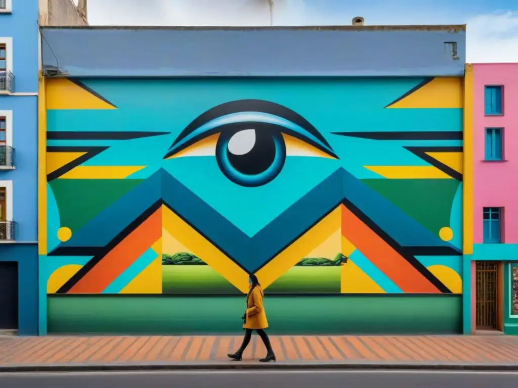 Un vibrante mural urbano en Montevideo, Uruguay, lleno de formas geométricas y figuras abstractas