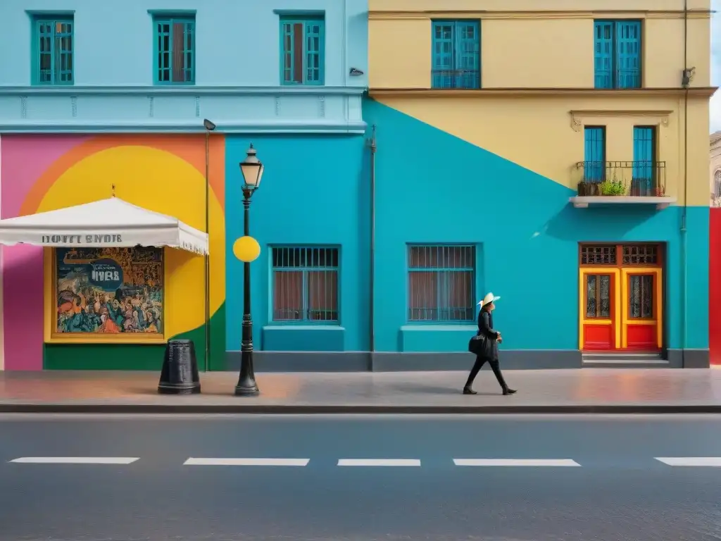 Un vibrante mural urbano en Montevideo, Uruguay, donde los locales disfrutan del mate y conversaciones animadas