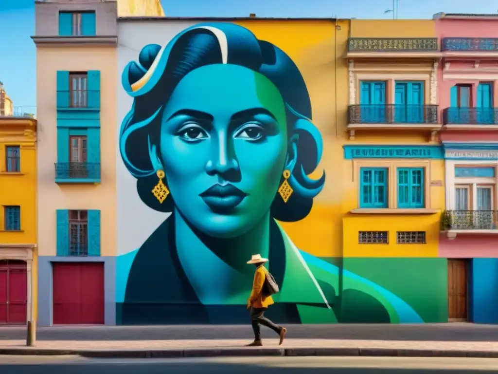 Un vibrante mural urbano en Montevideo, Uruguay, con patrones geométricos y cultura local