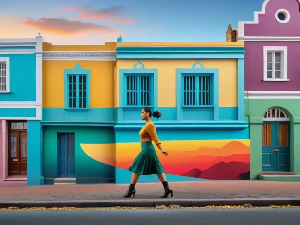 Un vibrante mural urbano en Uruguay que muestra la rica herencia cultural del país con bailes tradicionales, casas coloridas y paisajes exuberantes