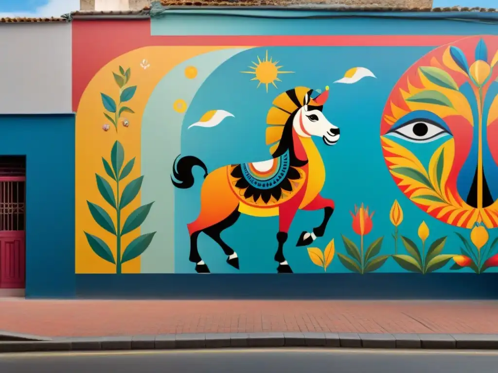 Un vibrante mural uruguayo con símbolos culturales locales que cobran vida bajo el sol