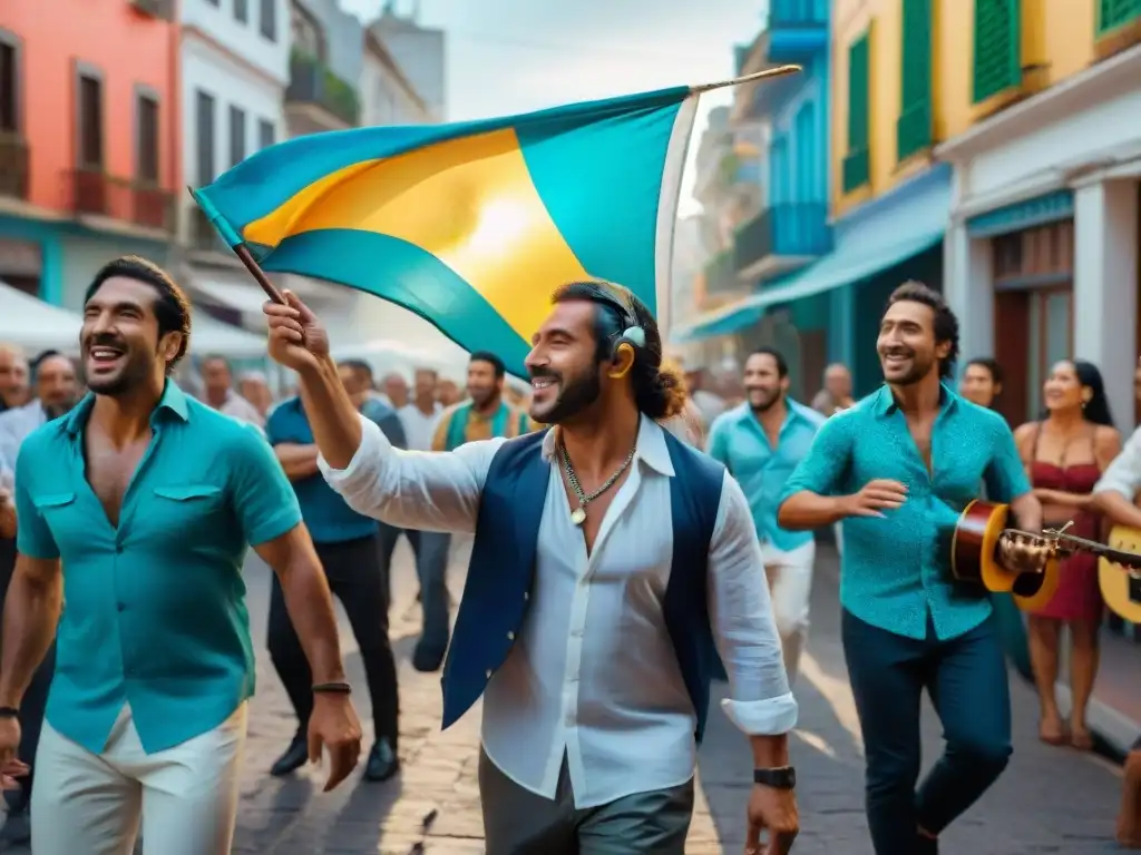 Fotografía vibrante de músicos tocando ritmos música tropical Uruguay en una calle de Montevideo, con banderas coloridas ondeando y personas bailando alegremente