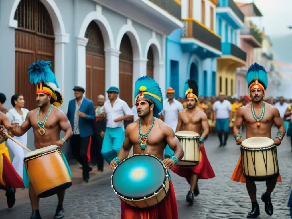 Celebración vibrante en el Día Nacional del Candombe en Uruguay: gente diversa toca tambores y baila con pasión en desfile colorido