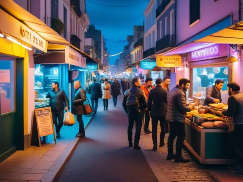 Vibrante noche en Montevideo, Uruguay, con puestos de comida y luces de neón