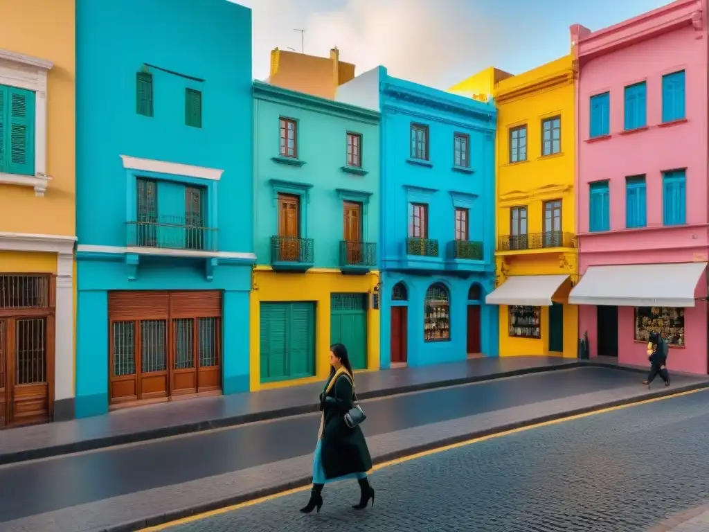 Una vibrante fotografía de paisaje urbano en Montevideo, Uruguay, con edificios coloridos, mercados bulliciosos y locales en su rutina diaria