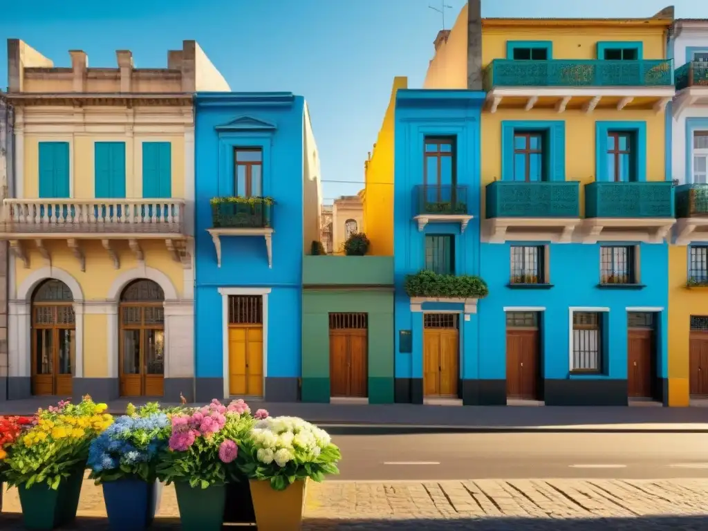 Un vibrante paisaje urbano en Uruguay durante el verano, con colores vivos y una atmósfera enérgica