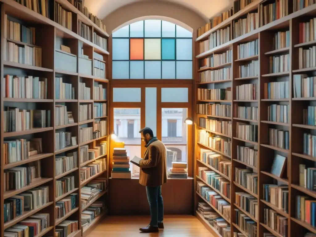 Un vibrante panorama de una librería en Montevideo con libros coloridos y gente explorando, resaltando la literatura uruguaya