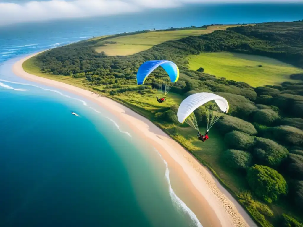 Vibrante parapente sostenible en Uruguay: planeadores sobre costa escarpada y naturaleza exuberante