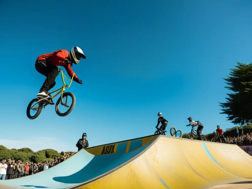 Un vibrante parque urbano en Uruguay donde riders de BMX realizan acrobacias extremas, captando la energía de la escena de BMX en Uruguay