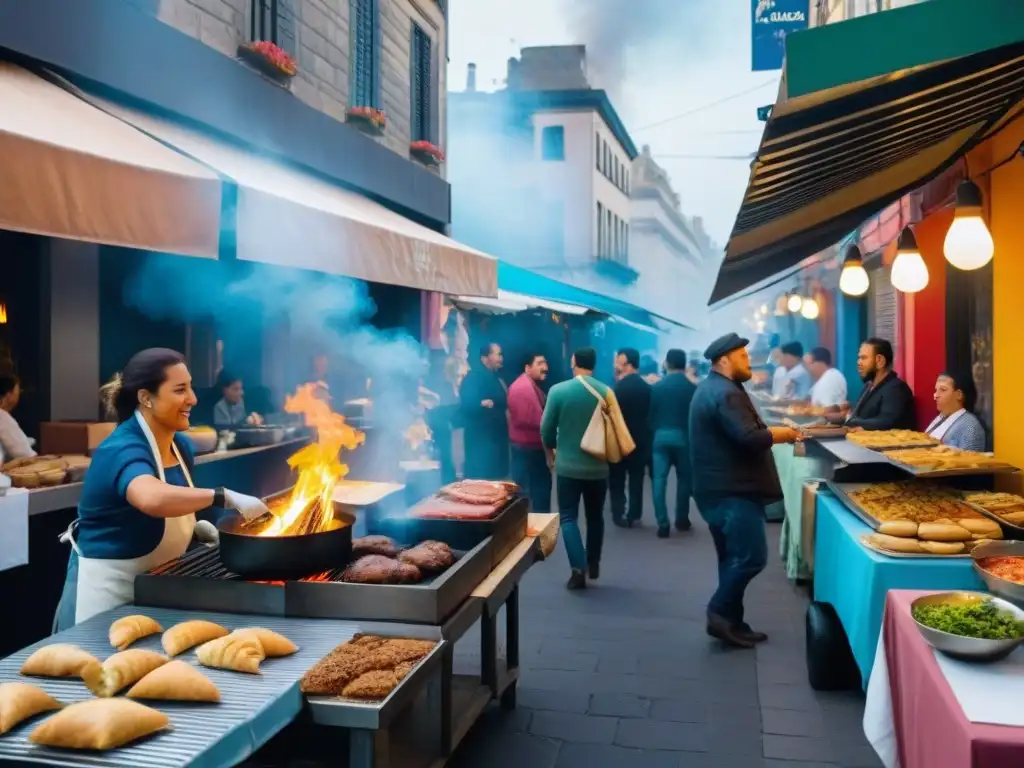 Un vibrante paseo por la calle en Montevideo, Uruguay, con puestos de comida coloridos y murales de la gastronomía uruguaya