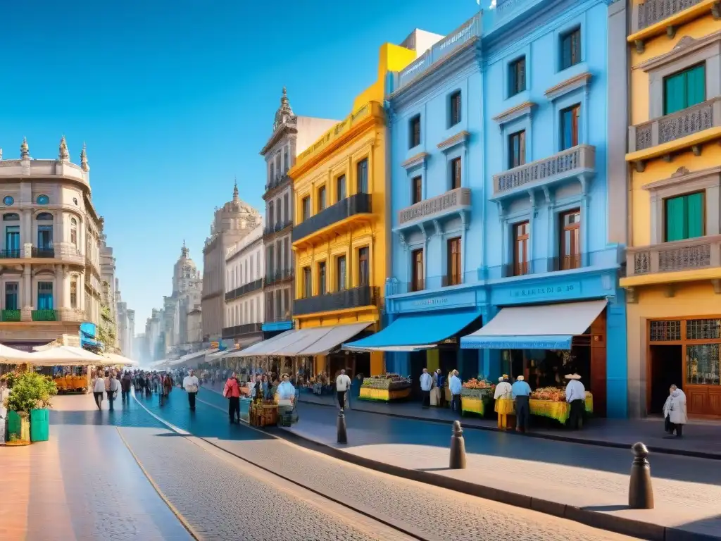 Un vibrante paseo por las calles de Montevideo, Uruguay, con turistas siguiendo a una guía local