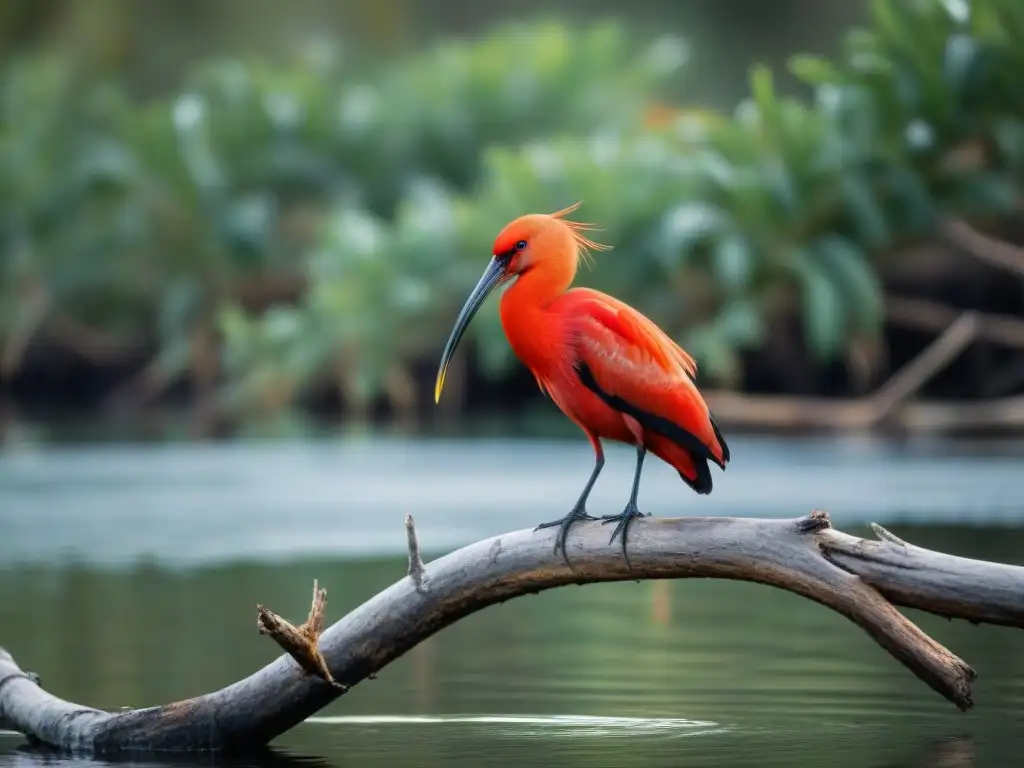 Un ibis escarlata vibrante posado en un manglar de Laguna Garzón, Uruguay