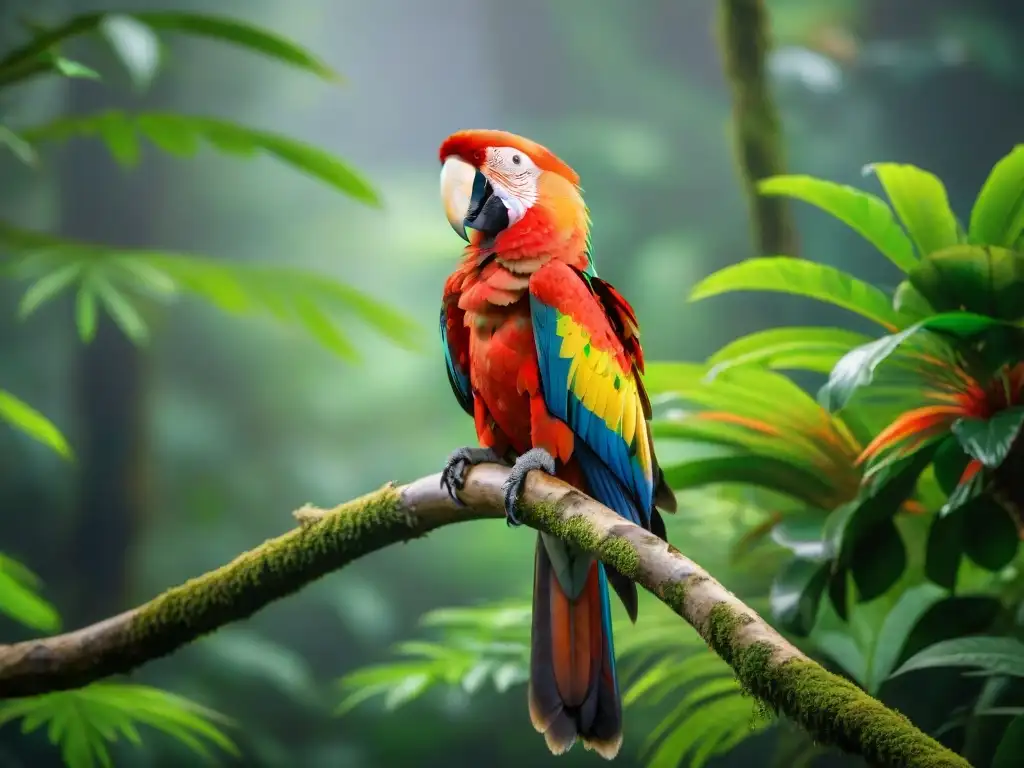 Un vibrante Guacamayo Escarlata posado en la selva de Uruguay, destacando su belleza y el mensaje de conservación aves Uruguay viajes aventura