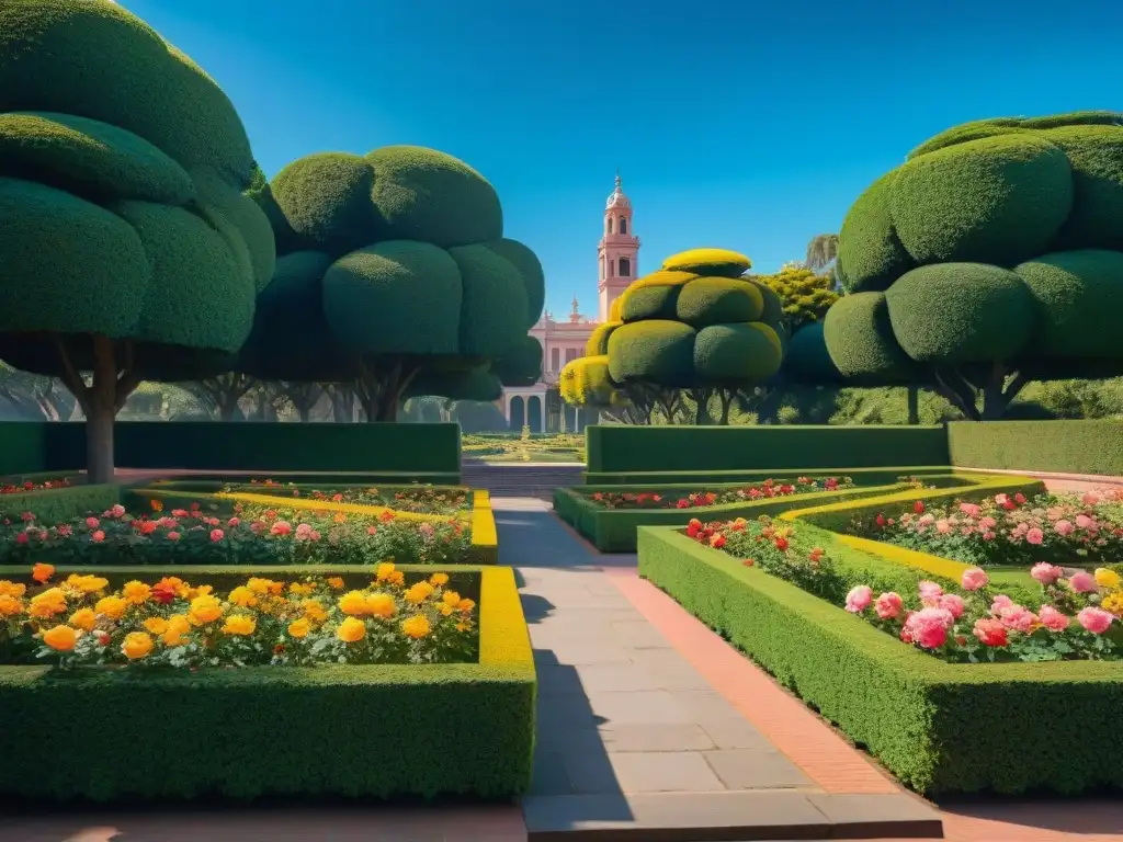 Jardín de rosas vibrante en El Prado Montevideo, con rosas coloridas en filas ordenadas bajo cielo azul