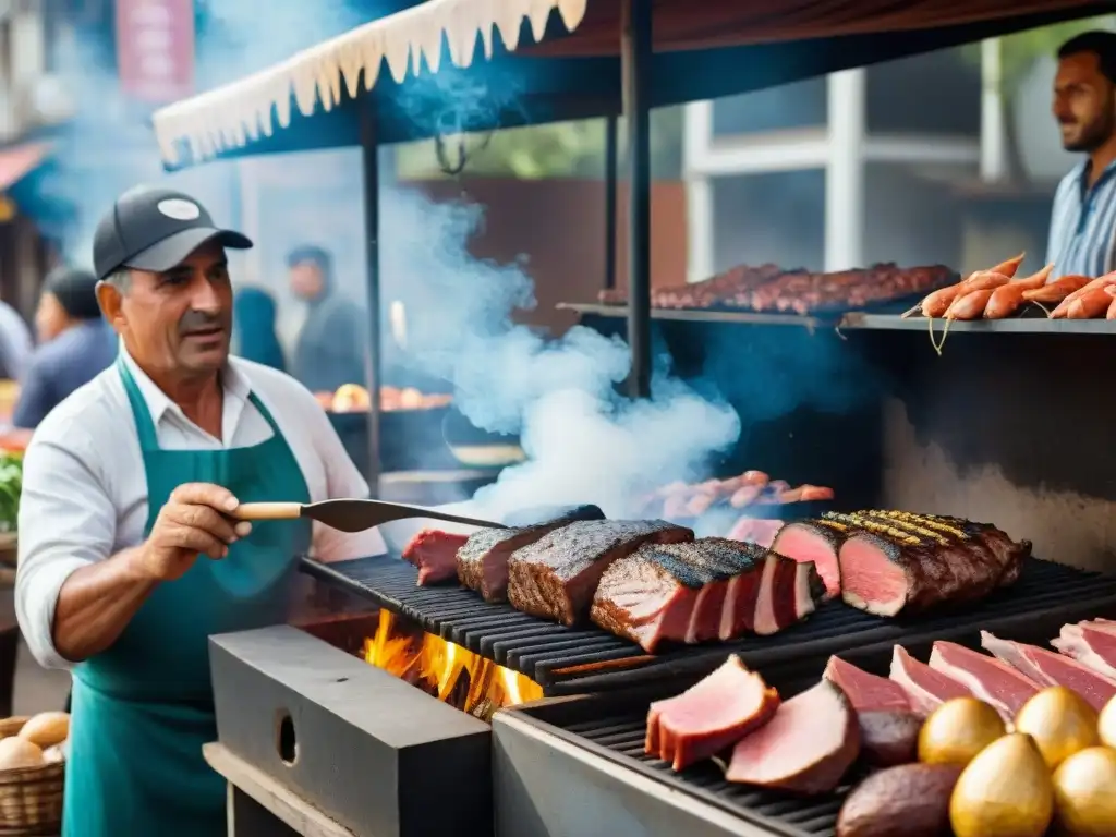 Vibrante puesto de asado en mercado uruguayo con gaucho y clientes ansiosos