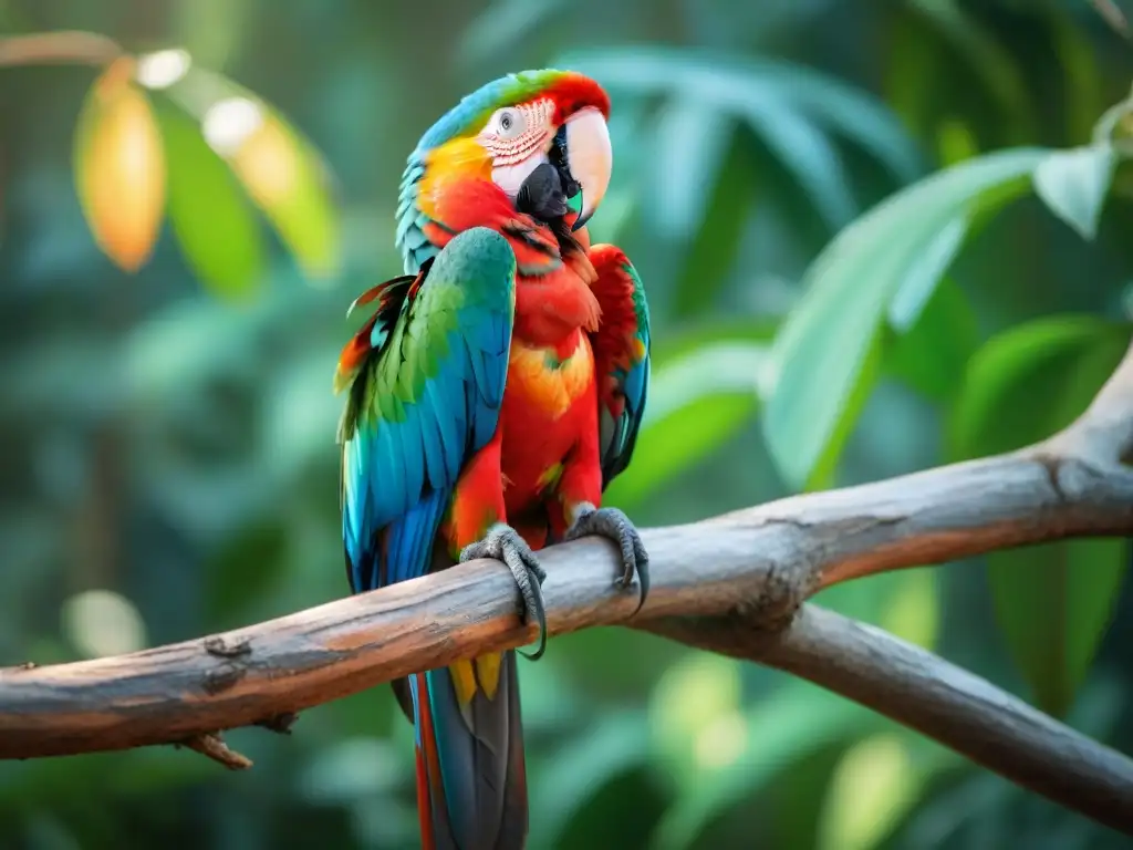 Vibrante guacamayo escarlata en rama, plumaje brillante bajo la luz del sol en un bosque tropical de Uruguay