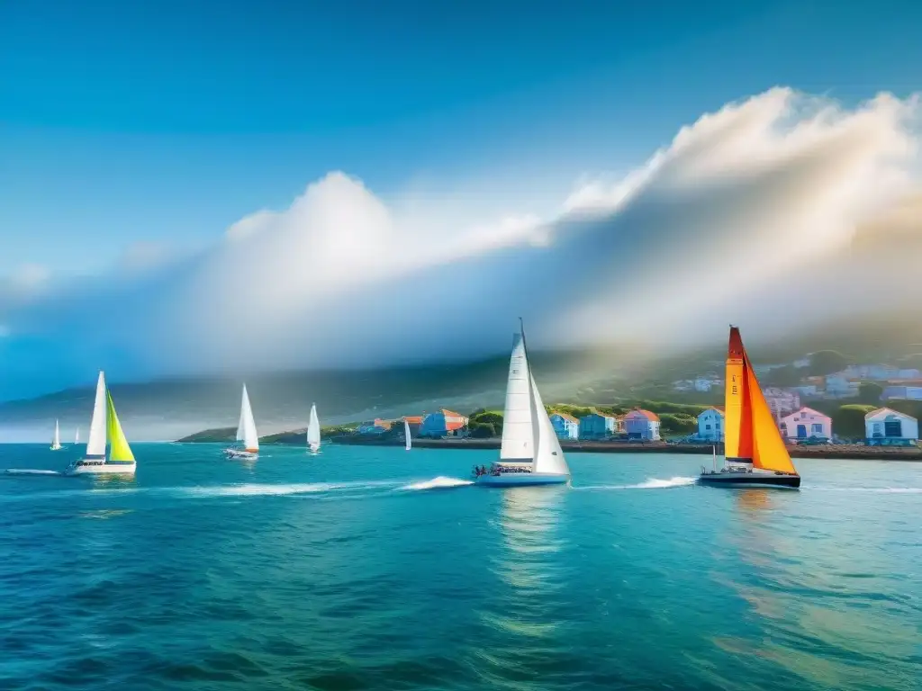 Vibrante regata de veleros en el mar de Uruguay: navegantes hábiles compiten en aguas cristalinas bajo cielo azul