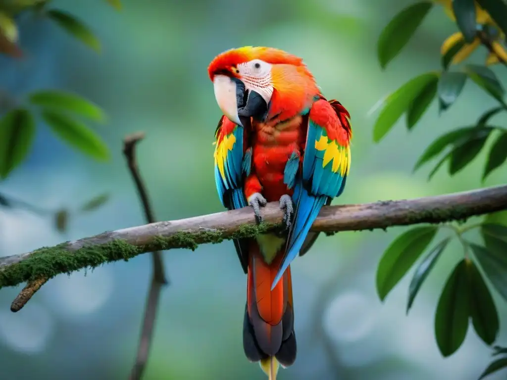 Vibrante Guacamayo Rojo en árbol de Santa Teresa