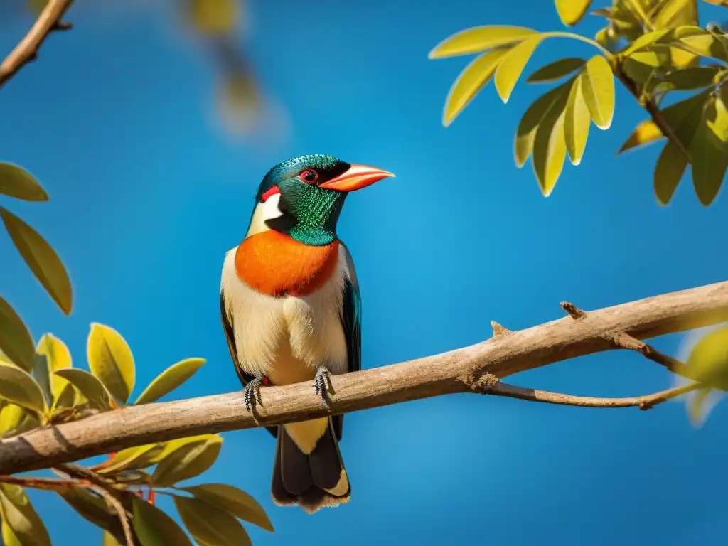 Vibrante tucán en la Ruta del tucán en Uruguay: detalle de su plumaje y entorno selvático colorido